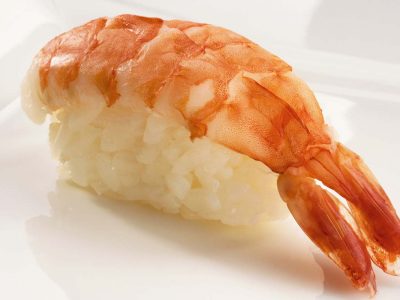 Close-up of Nigiri sushi with shrimp (ebi)